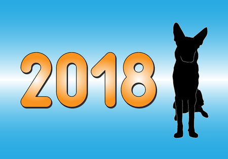 2018 year of dog vector illustration with orange numbers on blue background and doggy silhouetteのイラスト素材