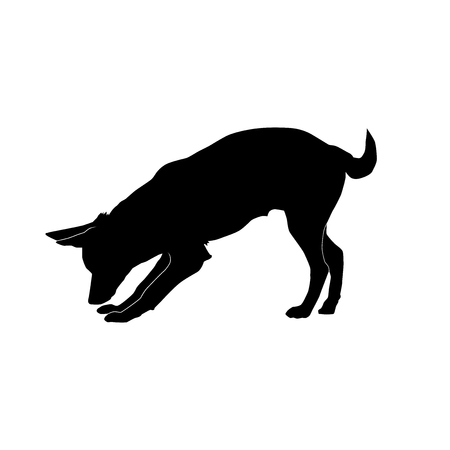 big dog sniffing to the ground and withering tail from the side silhouette vector isolated on white backgroundのイラスト素材