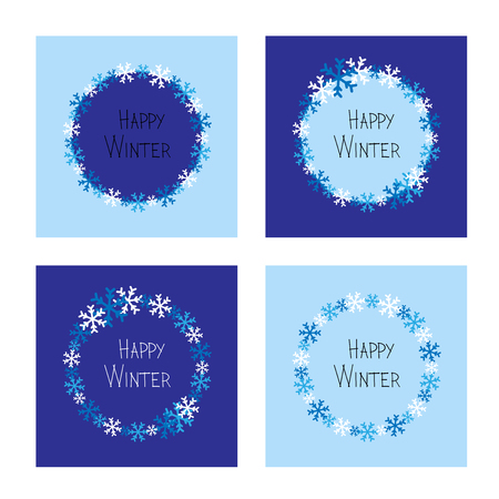 set of square cards with circle of snowflakes and text happy winter in the middle in blue tones vectorのイラスト素材