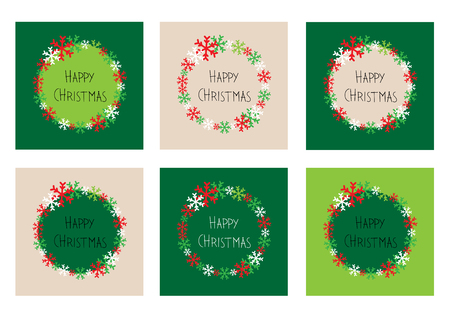 set of xmas square cards with circle of snowflakes and text happy christmas in the middle in natural green and brown tones vectorのイラスト素材