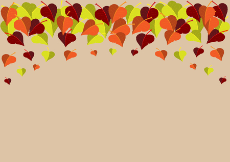 colorful leaves decorating top edge of light brown list autumn vector background with copy space for your textのイラスト素材