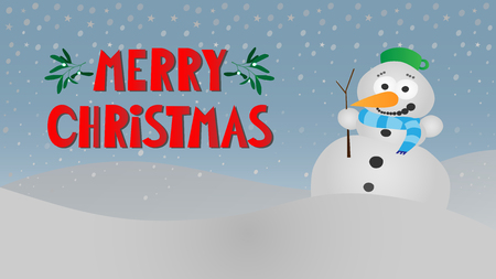 snowy winter landscape with cute smiling snowman with scarf, stick and pot, vintage blue sky and red text merry christmas vector backgroundのイラスト素材