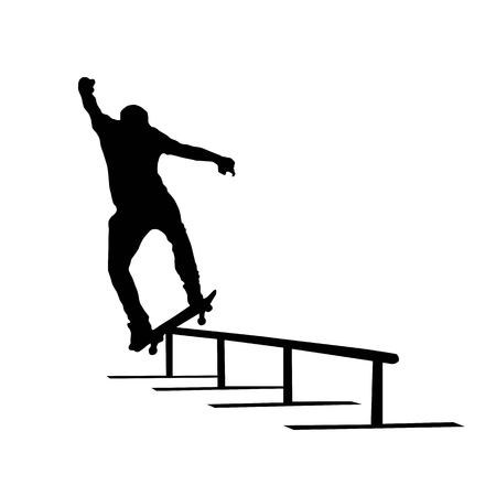 skateboarder riding on the fence (board slide) vector silhouette isolated on white backgroundのイラスト素材