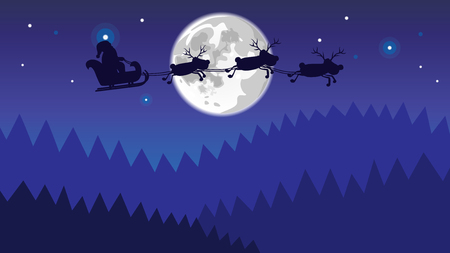 xmas rein deers and santa flies over the night forest with moon vector background in blue colorsのイラスト素材