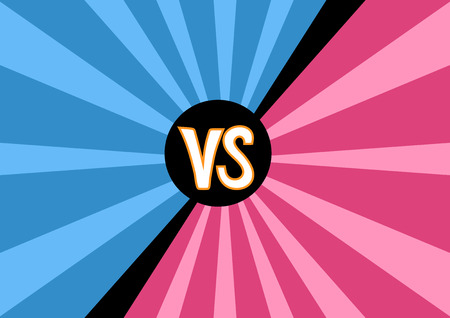 versus concept in pink and blue colors vector background with radial stripes and black VS text in the middleのイラスト素材