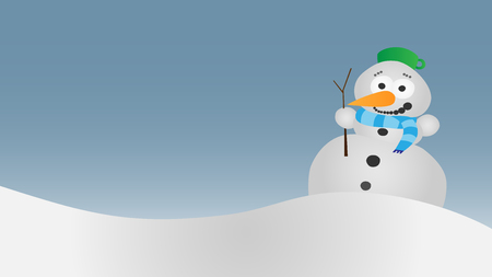 snowy winter landscape with cute smiling snowman with scarf, stick and pot and vintage blue sky vector backgroundのイラスト素材