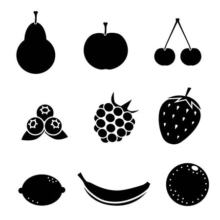 set of black fruit silhouettes iconns(pear, apple, cherry, blueberry, raspberry, strawberry, lemon, banana, orange) vector isolated on white backgroundのイラスト素材