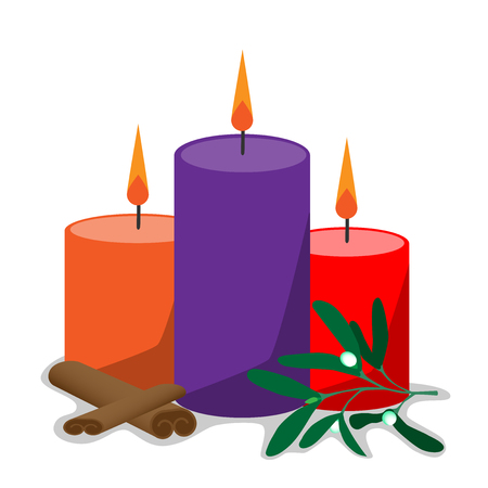 orange, violet and red christmas candles with mistletoe and cinnamon vector isolated on white backgroundのイラスト素材