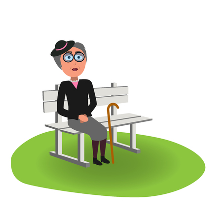 old elegant lady with hat and stick sitting on bench vector isolated on white backgroundのイラスト素材