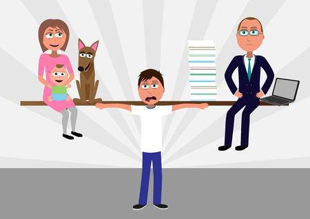 young man carry board on shoulders and balancing his family and boss which represents work life balance funny vector illustrationのイラスト素材