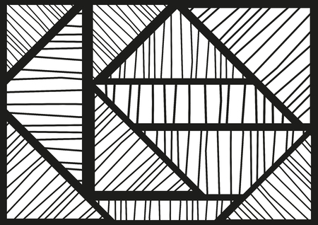 geometric vector background with overlaping triangles filled with crooked lines in black and white colorsのイラスト素材