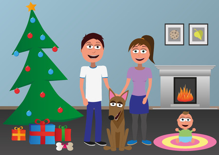 young happy family and dog standing together next the christmas tree vector illustrationのイラスト素材