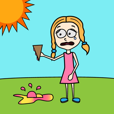 sad girl with ice cream on the ground summer funny vector illustrationのイラスト素材
