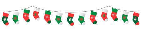 christmas colorful stockings (red, green, white) garland for winter seasson vector isolated on white backgroundのイラスト素材