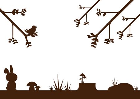 happy forest silhouettes - branches, bird, hare, mushrooms, stump, grass and rocks - decorative background or clipartのイラスト素材