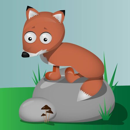 cute baby fox sitting on stone colorful vector illustration of pup characterのイラスト素材