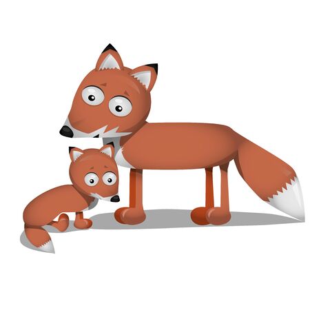 cute baby fox with mum vector illustration of pup and mother characterのイラスト素材