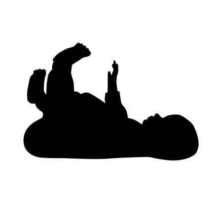 four months baby lying on back with raised arm and legs, triyng to catch foot vector silhouette isolated on white backgroundのイラスト素材
