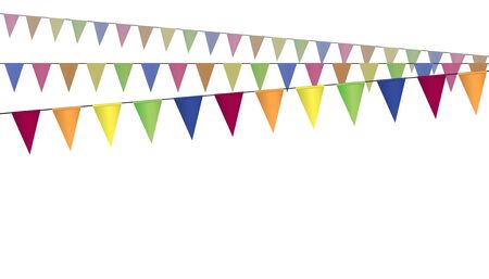 triangular colorful flags on three straight lines making fan, vector of garland isolated on white backgroundのイラスト素材