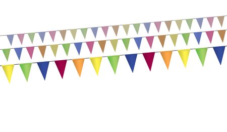 triangular colorful flags on three oblique lines, vector of garland isolated on white backgroundのイラスト素材