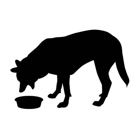 big dog feeding from bowl with open muzzle from profile silhouette vector isolated on white backgroundのイラスト素材