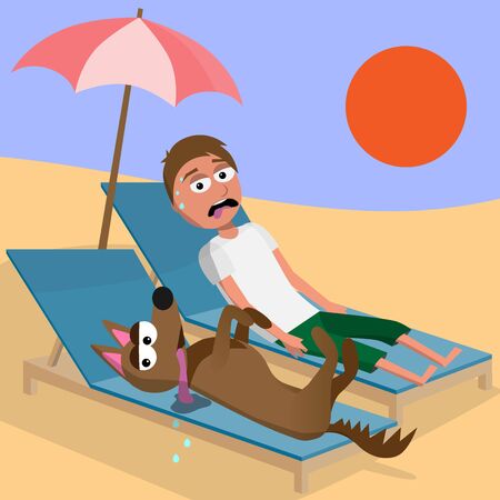 cartoon characters of man and dog lying on sunbed on beach and sweating in hot weather funny vector illustrationのイラスト素材