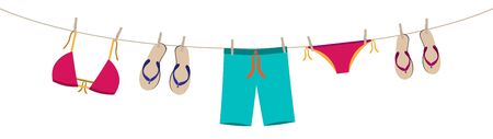 cartoon colorful hanging bath suits and flip flops af man and woman vector decorative garland isolated on white background for summer seasonのイラスト素材