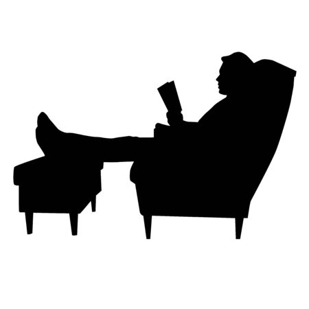 man sitting in armchair with legs on footstool and reeding book black vector silhouette isolated on white backgroundのイラスト素材