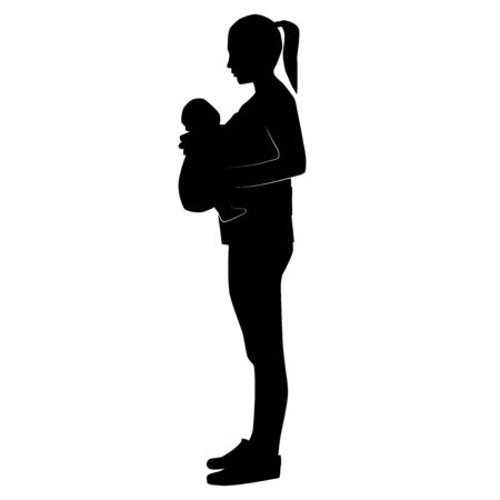 woman with babycarrier holding her baby from profile black vector silhouette isolated on white backgroundのイラスト素材