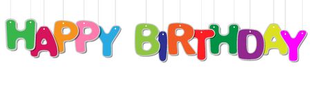 happy birthday text, hanging bright colorful letters, creative decorative vector banner isolated on white backgroundのイラスト素材