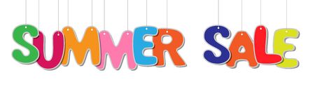 summer sale text, hanging bright colorful letters, creative decorative vector banner isolated on white backgroundのイラスト素材