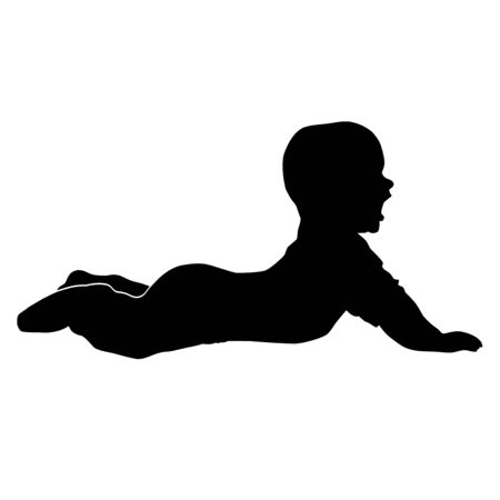 five months baby on tummy leaning on hands from profile, vector silhouette isolated on white backgroundのイラスト素材
