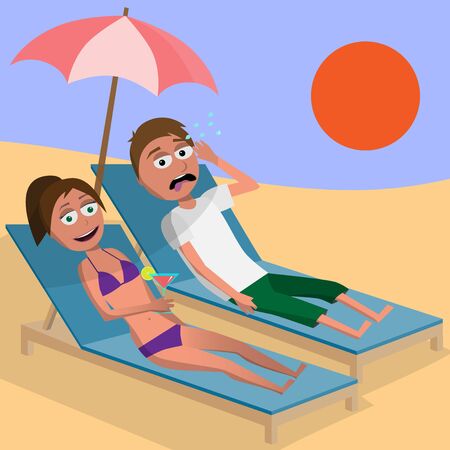 cartoon characters of man suffering from hot weather and sweating and woman sunbathing and holding drink, funny vector illustrationのイラスト素材