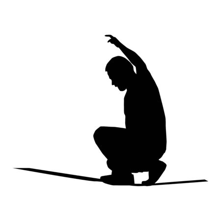 slackline silhouette, man in squat balancing on line vector isolated on white backgroundのイラスト素材