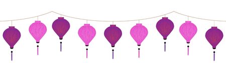 decorative vietnamese pink and violet lantern garland isolated on white backgroundのイラスト素材