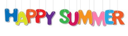 happy summer text, hanging bright colorful letters, creative decorative vector banner isolated on white backgroundのイラスト素材