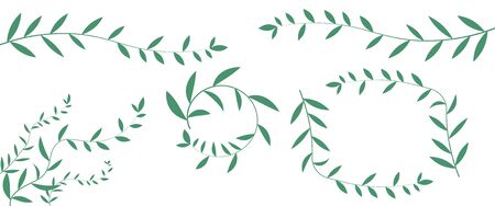 decorative natural elements and frames, green branches with small leaves vector illustration isolated on white backgroundのイラスト素材