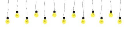 decorative cartoon rim, yellow bulbs hanging on wires vector illustration isolated on white backgroundのイラスト素材