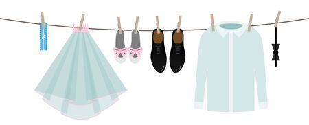 cartoon colorful hanging wedding clothes on line, vector decorative garland isolated on white background, clipart or illustration for marriage themes, perfect for announcement or invitationのイラスト素材