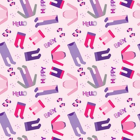 Baby girl Clothes, Pants and Socks Background, vector Seamless Pattern in pink and violet colorsのイラスト素材