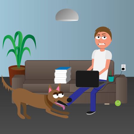 cute funny cartoon characters, man working on computer and dog wants to play, problems on homeoffice concept, vector illustrationのイラスト素材