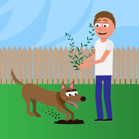 cute funny cartoon characters, man and dog gardening, plant seadling, dog counting, freetime on garden, seasonal spring vector illustrationのイラスト素材