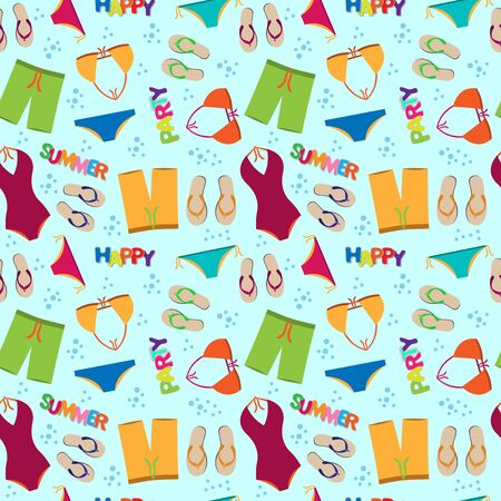 Vector seamless pattern with different fashion clothing and elements: swimsuits, flip flops, shorts. Happy summer colorful bright background.のイラスト素材
