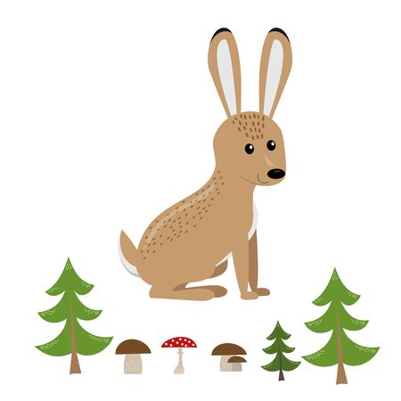 funny smiling standing hare from side with forest elements (tree, mushroom) isolated on white background, cute vector illustration for childrenのイラスト素材