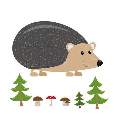 funny smiling standing hedgehog from side with forest elements (tree, mushroom) isolated on white background, cute vector illustration for childrenのイラスト素材