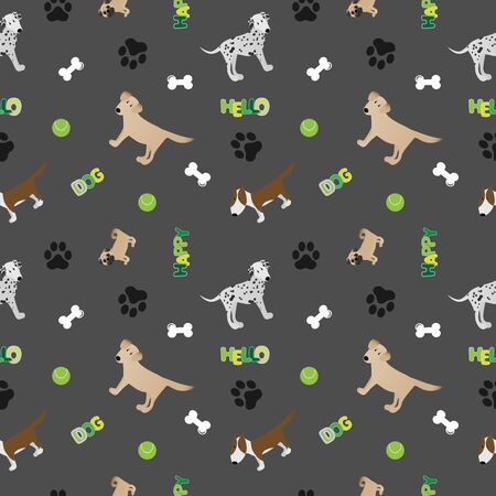 dog breeds seamless pattern with text, modern funny vector illustration with bullterier, labrador, dalmatian and mopyのイラスト素材