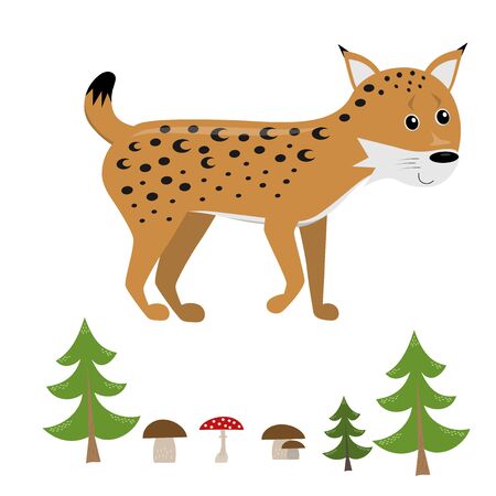 funny smiling standing deer from side with forest elements (tree, mushroom) isolated on white background, cute vector illustration for childrenのイラスト素材