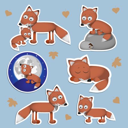 beautiful set of stickers of cute baby fox, colorful vector illustration of pup character for childrenのイラスト素材