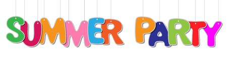summer party text, hanging bright colorful letters, creative decorative vector banner isolated on white backgroundのイラスト素材