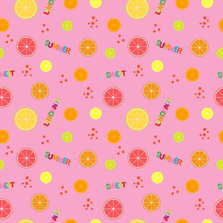 colorful citruses seamless pattern, brigth vector illustration with text sweet summer lemonade, modern fresh print of healthy fruitのイラスト素材